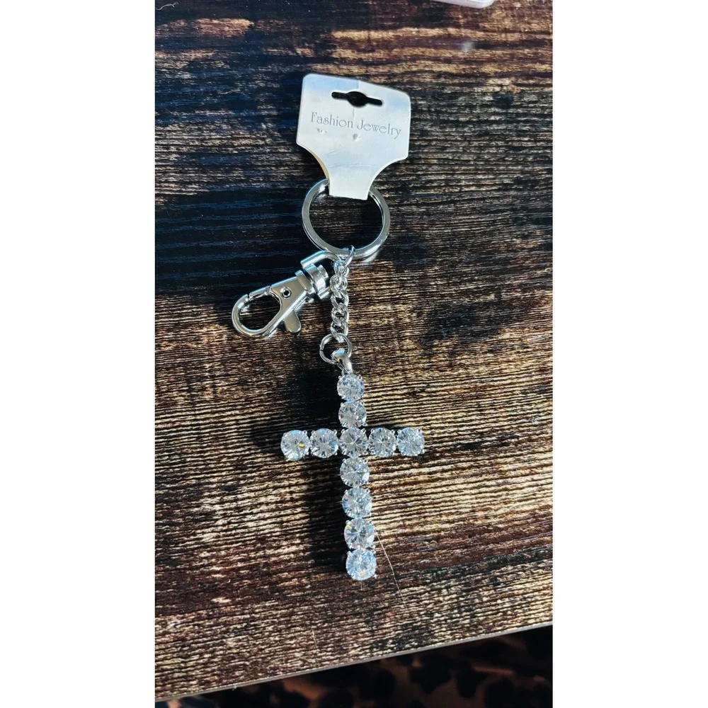 Silver Rhinestone Cross Keychain Bling Bag Charm New